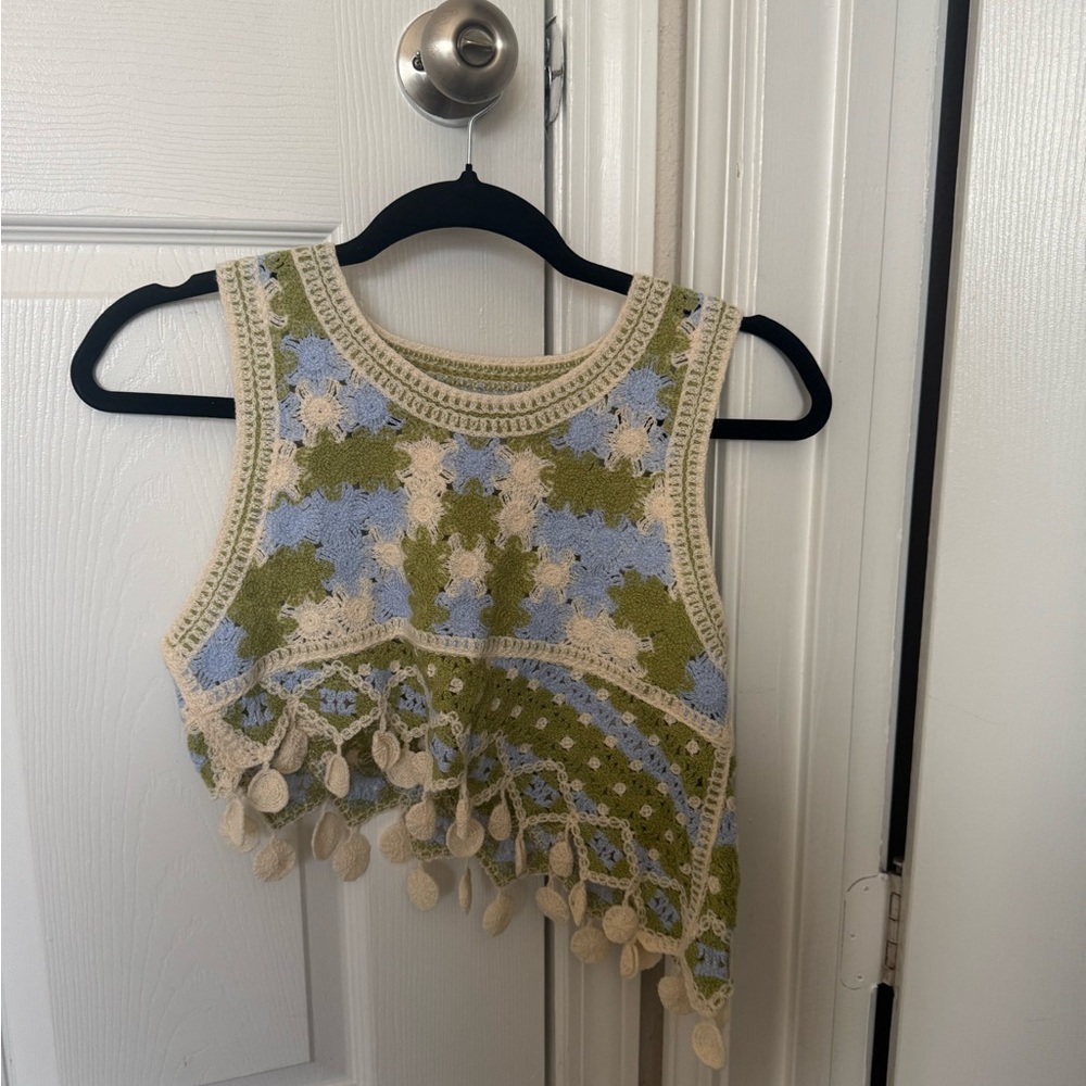 Crochet Sleeveless Top in Blue, Green, and Cream